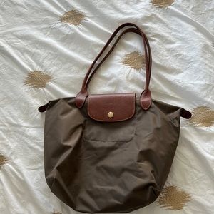 Longchamp Le Pliage Nylon Shoulder Small Tote olive green with leather